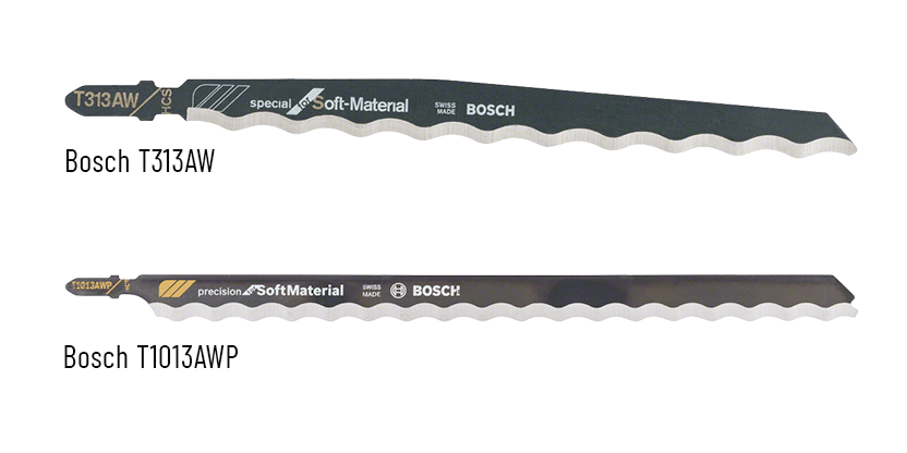 Bosch Stichsägeblätter T3131AW und T1013AWP für das Zuschneiden von Schaumstoff.